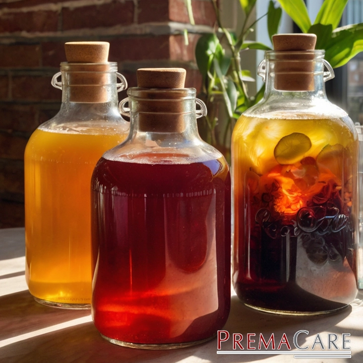 ชาหมักหรือคมบุฉะ kombucha คอมบูชา เครื่องดื่มที่มีลักษณะสีและกลิ่นเฉพาะตัวและมากด้วยคุณประโยชน์