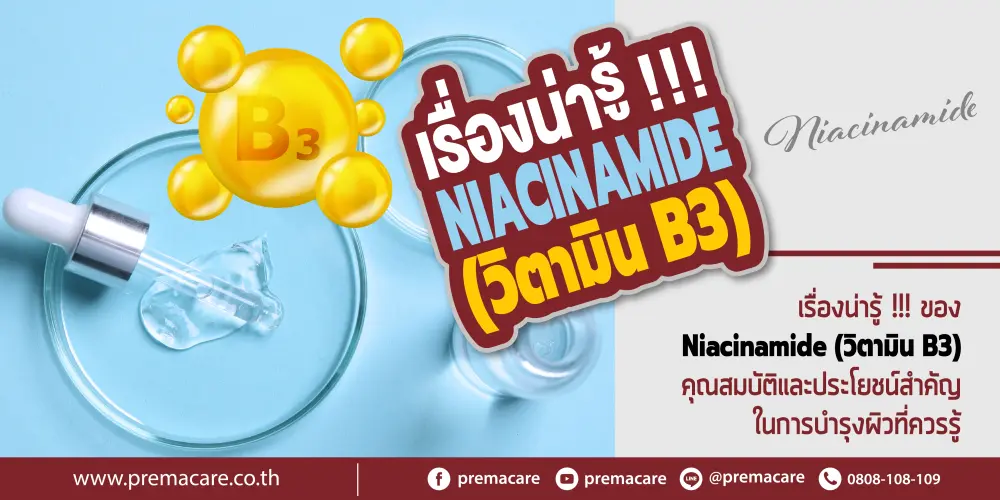 ภาพแสดงผลิตภัณฑ์ดูแลผิวที่มีส่วนประกอบของ Niacinamide (วิตามิน B3) พร้อมภาพเปรียบเทียบผิวก่อนและหลังการใช้ ซึ่งจะเห็นความเปลี่ยนแปลงของผิวที่ดูกระจ่างใส ลดสิว และมีความชุ่มชื้น